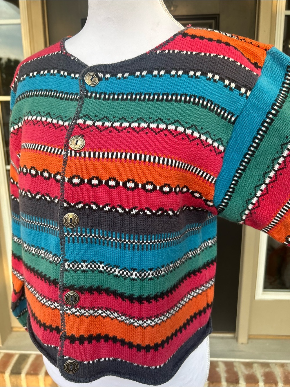 Vintage 90s LizWear multicolored striped cropped knit cardigan southwestern S - Picture 4 of 8